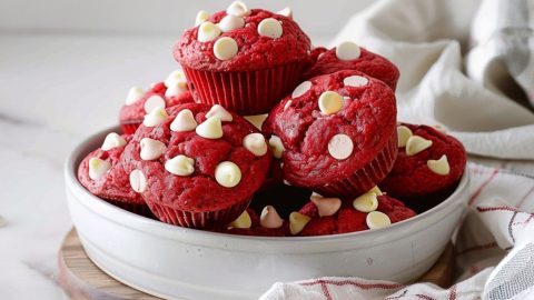 Bunch of red velvet muffins arranged in a shallow bowl.