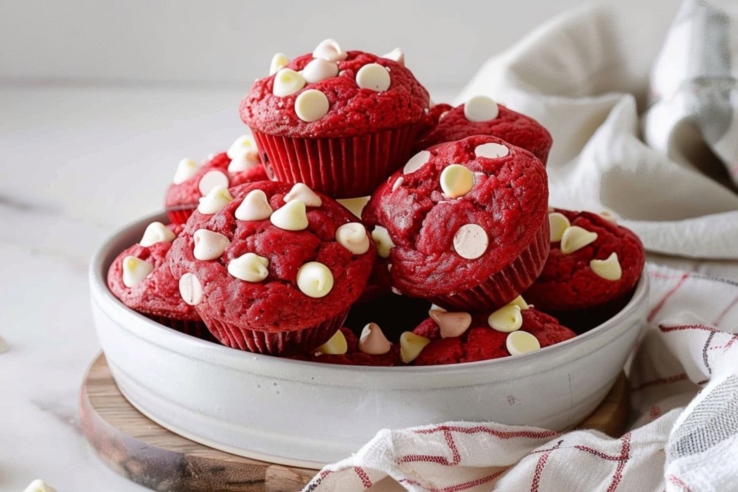 Bunch of red velvet muffins arranged in a shallow bowl.