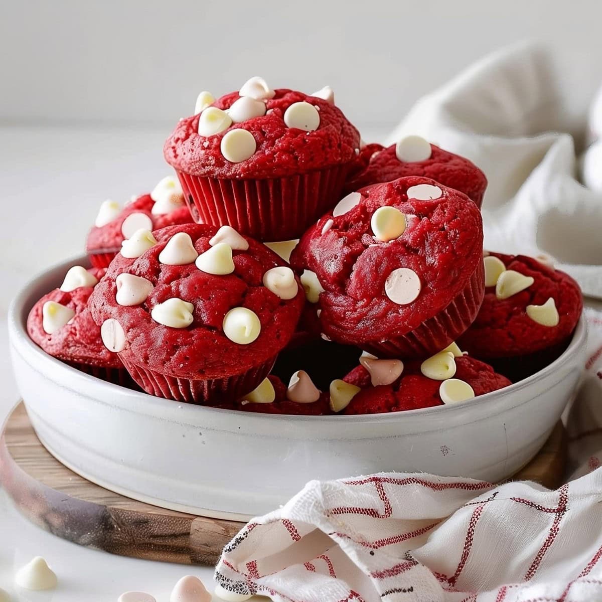 Bunch of red velvet muffins arranged in a shallow bowl.
