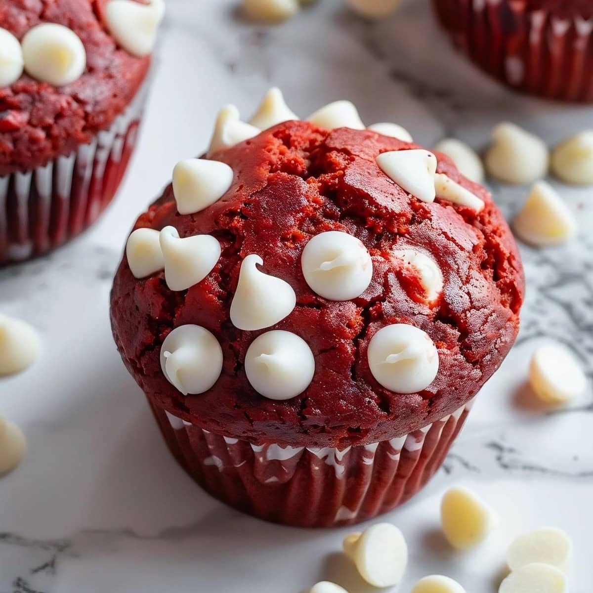 Red velvet muffins with white chocolate chip on a white marble table.
