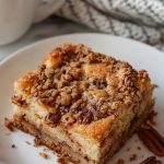 Close Up of Sour Cream Coffee Cake with Pecans and Crumble on a Plate with a Cup of Coffee