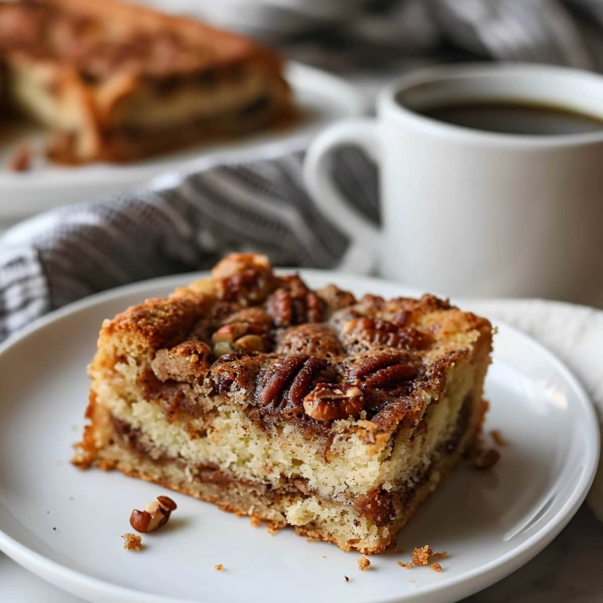 Close up of Sour Cream Coffee Cake with Pecans on a Plate with a Mug of Coffee and More Slices of Cake in the Background