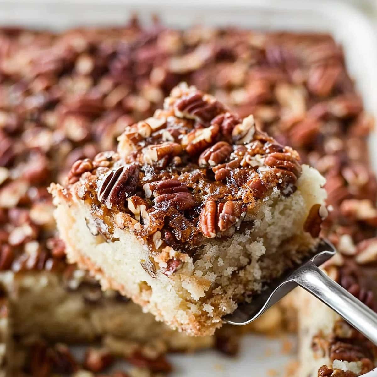 Close Up of Slice of Sour Cream Coffee Cake with Pecans on a Spatula Over the Rest