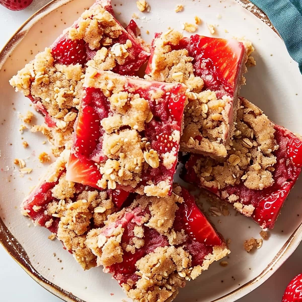 Strawberry pie bars on a white plate, top view