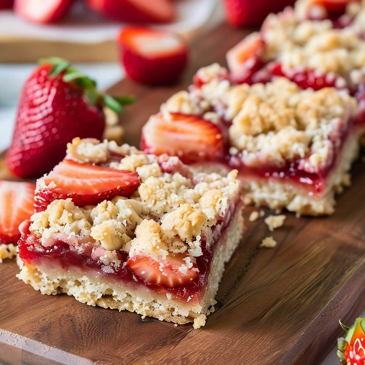 Strawberry pie bars on a wooden board with fresh fruit on the side