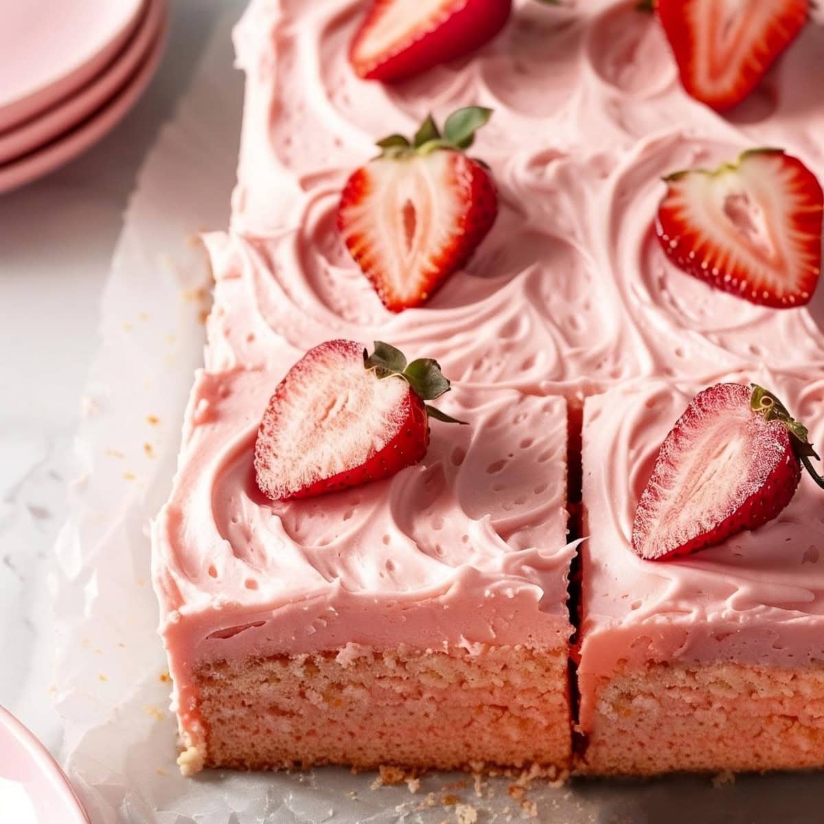 Vibrant strawberry sheet cake, topped with luscious pink frosting and garnished with slices of strawberries.