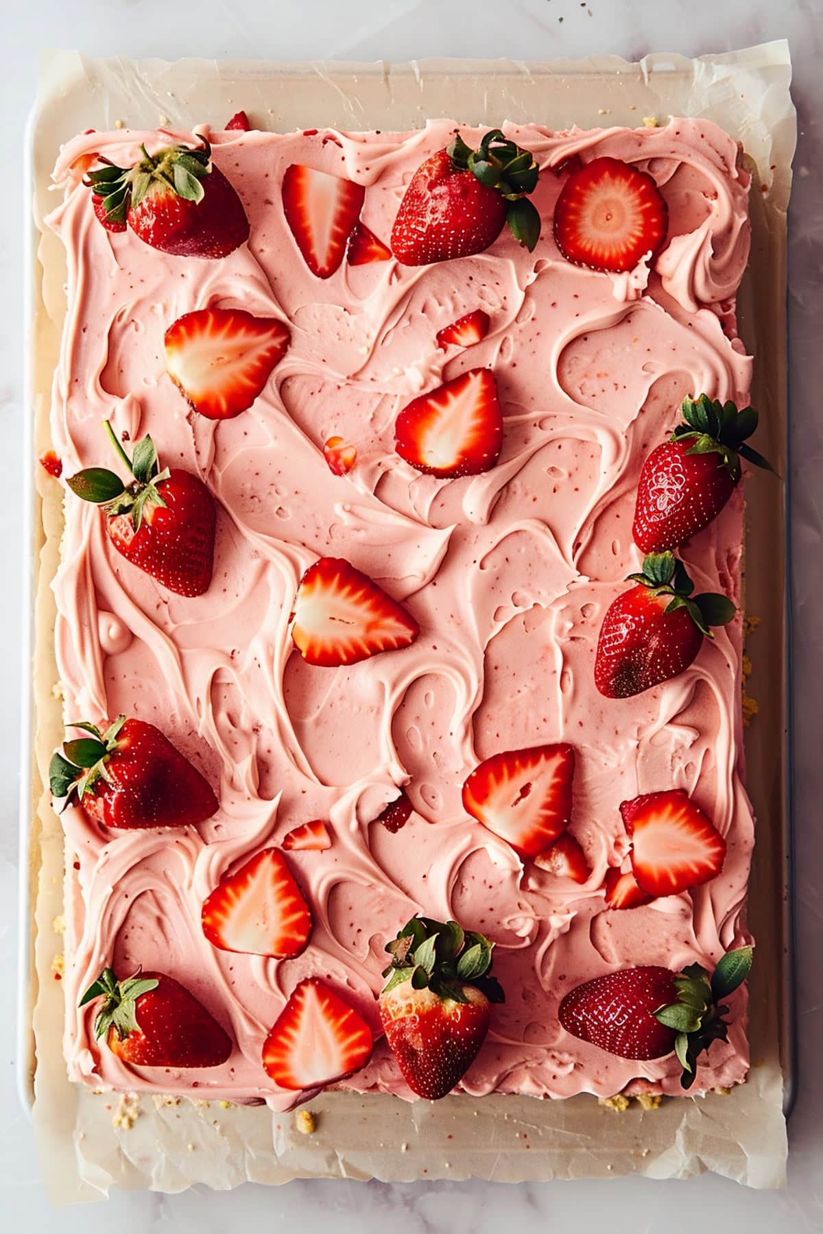 Sweet homemade strawberry sheet cake, top view.