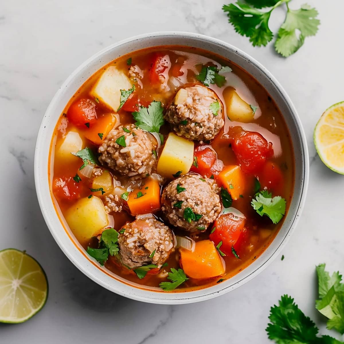 Hearty albondigas soup with tender meatballs and vegetables.