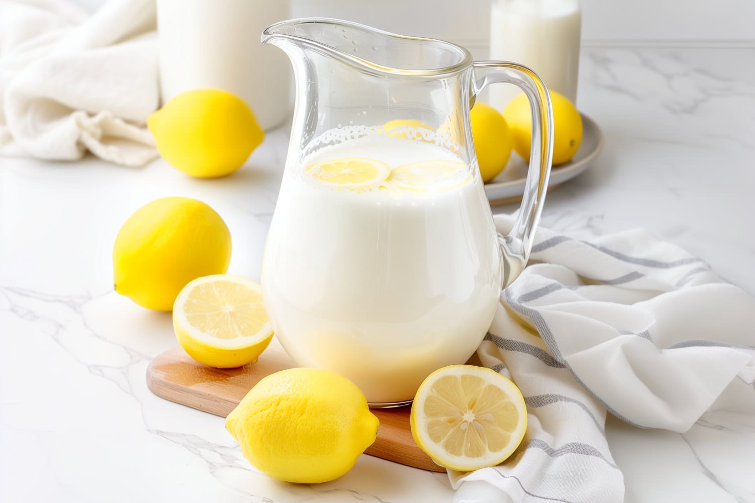 Cool and refreshing homemade creamy lemonade in a pitcher.