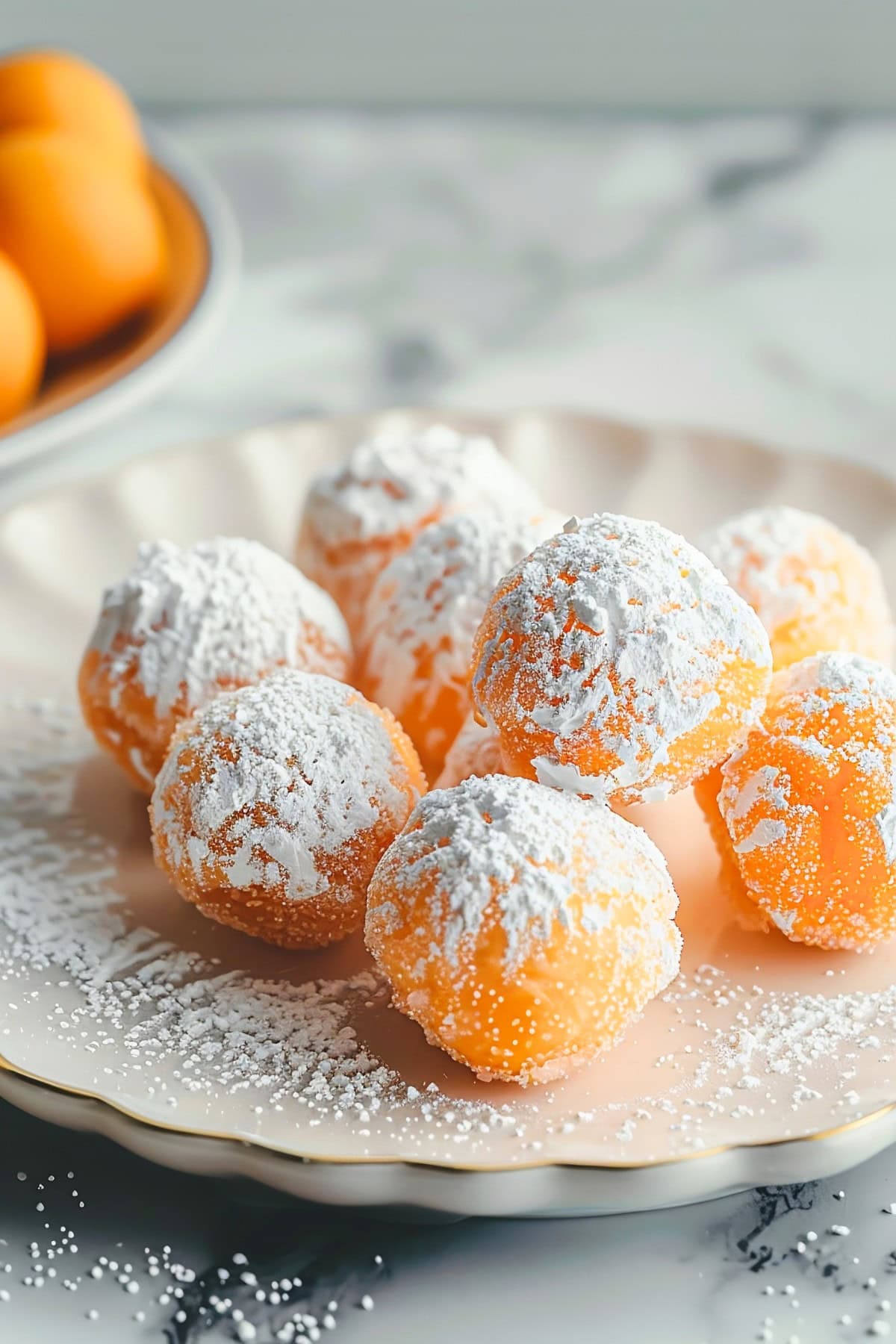 Flavorful orange creamsicle truffles in an elegant white plate.