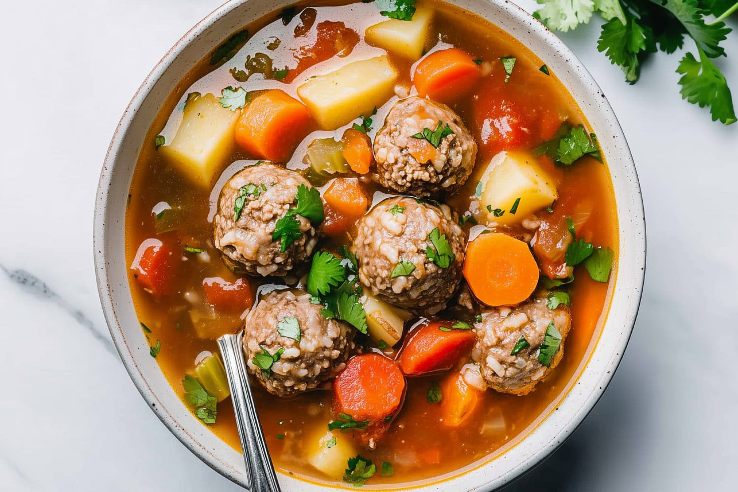 A bowl of Albondigas or Mexican Meatball Soup with Carrots and Potatoes, Garnished with Cilantro