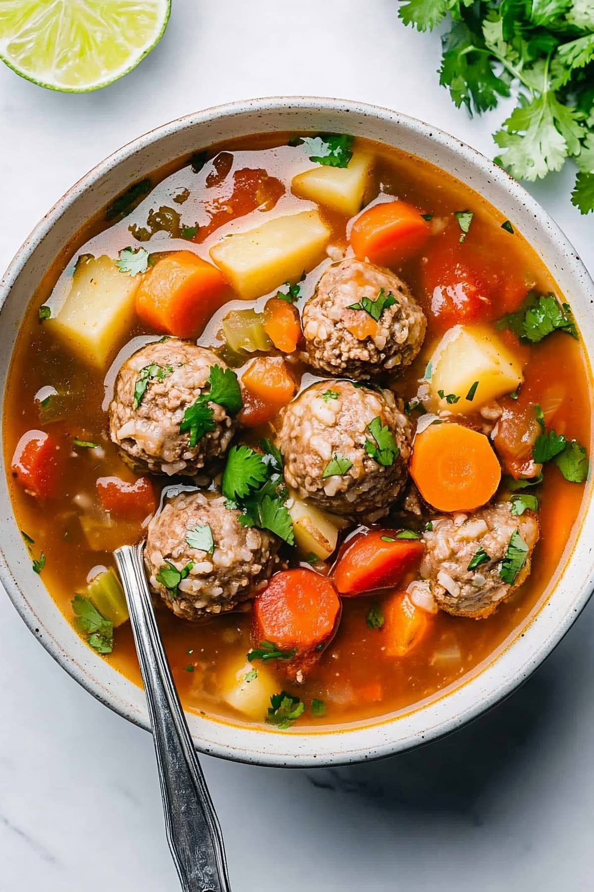 Albondigas or Mexican Meatball Soupo with Carrots and Potatoes.