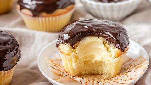 Bitten Boston cream pie cupcake served in a white plate.