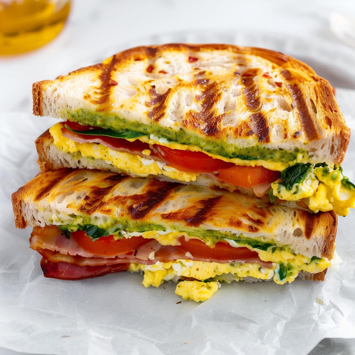 Breakfast Panini with Egg, Bacon and Vegetables.