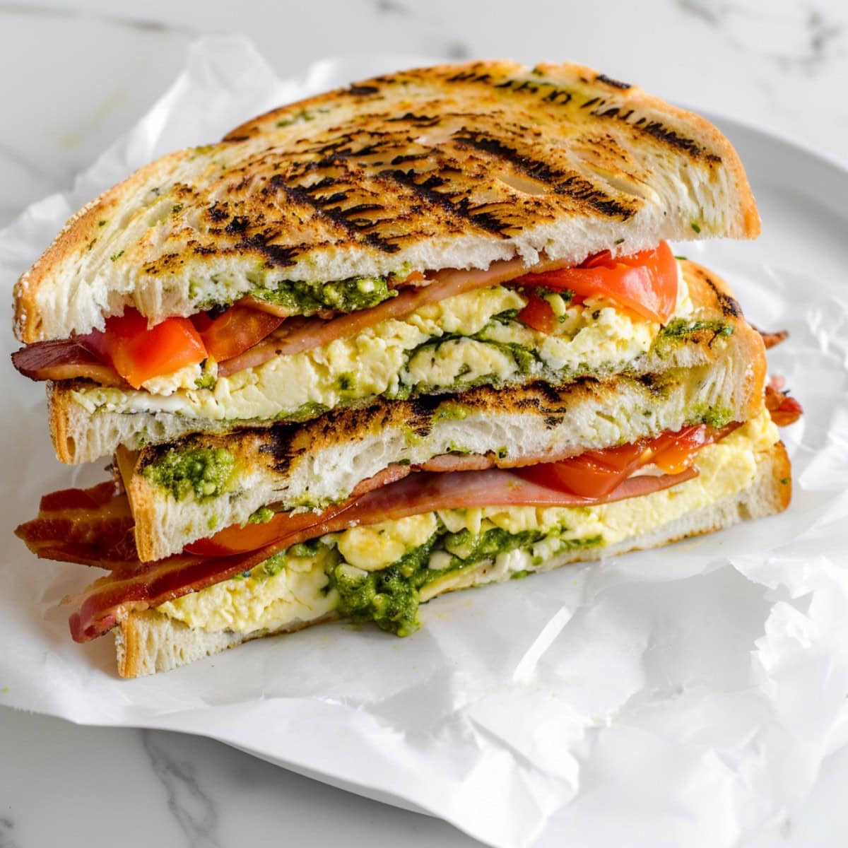 Savory breakfast panini with tomatoes, scrambled eggs and bacon and pesto.