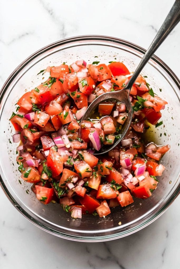 Mixeddiced tomatoes, red onion, garlic, basil, olive oil, balsamic vinegar, salt and pepper in a medium bowl. 