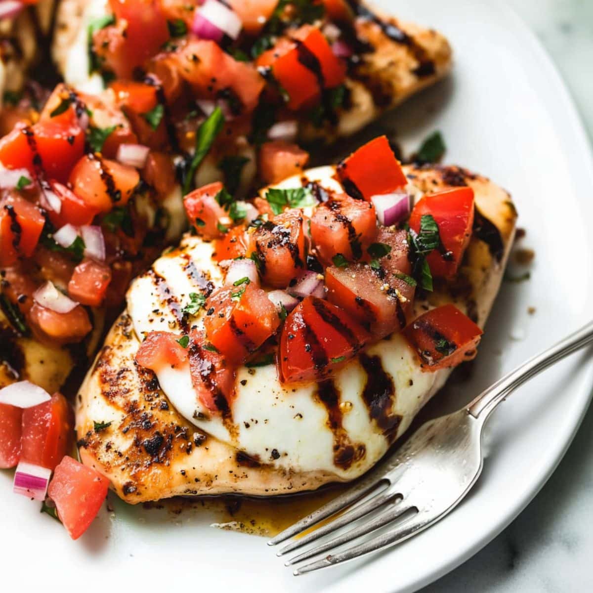 Serving of bruschetta chicken with melted mozzarella cheese, diced tomatoes and basil topping served on a white plate. 