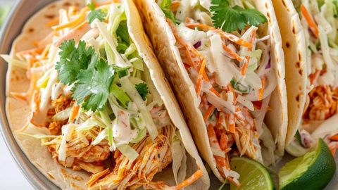 Chicken tacos with shredded buffalo flavored chicken topped with shredded lettuce and carrots in ranch dressing served on a white plate.