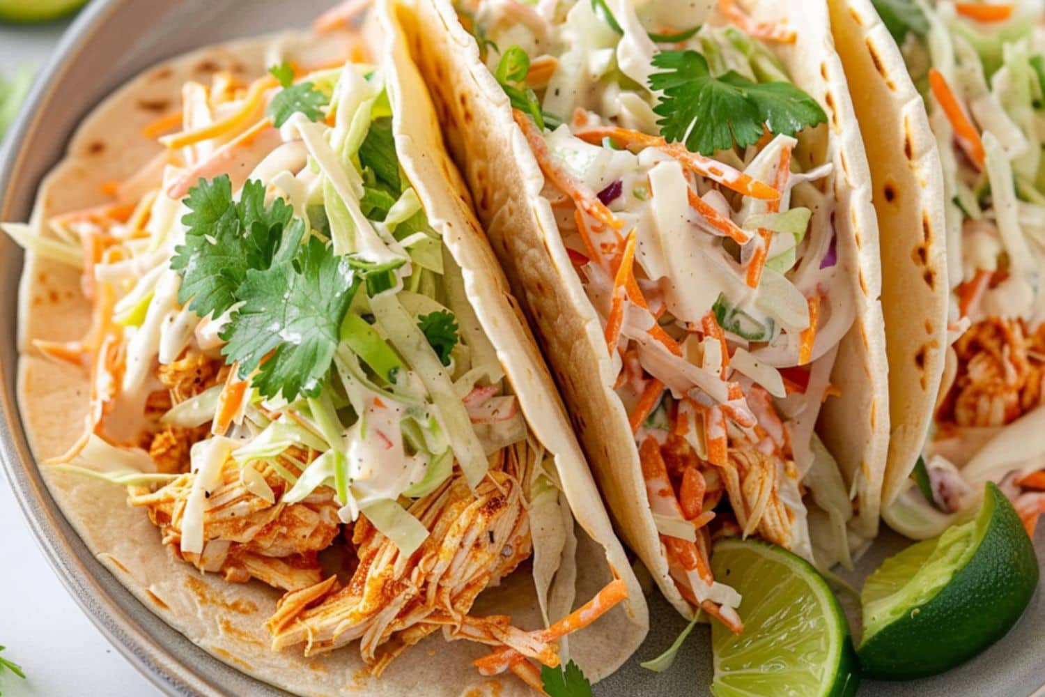 Chicken tacos with shredded buffalo flavored chicken topped with shredded lettuce and carrots in ranch dressing served on a white plate.