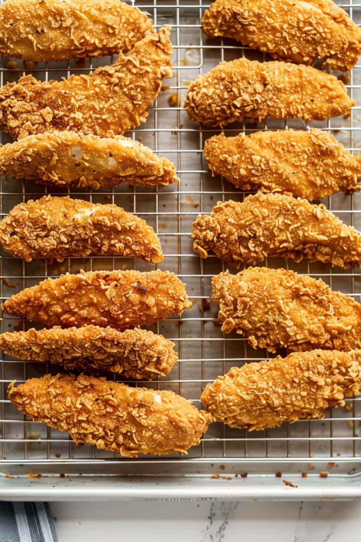 Crispy chicken tenders arranged on a cooling rack on top of a baking sheet.