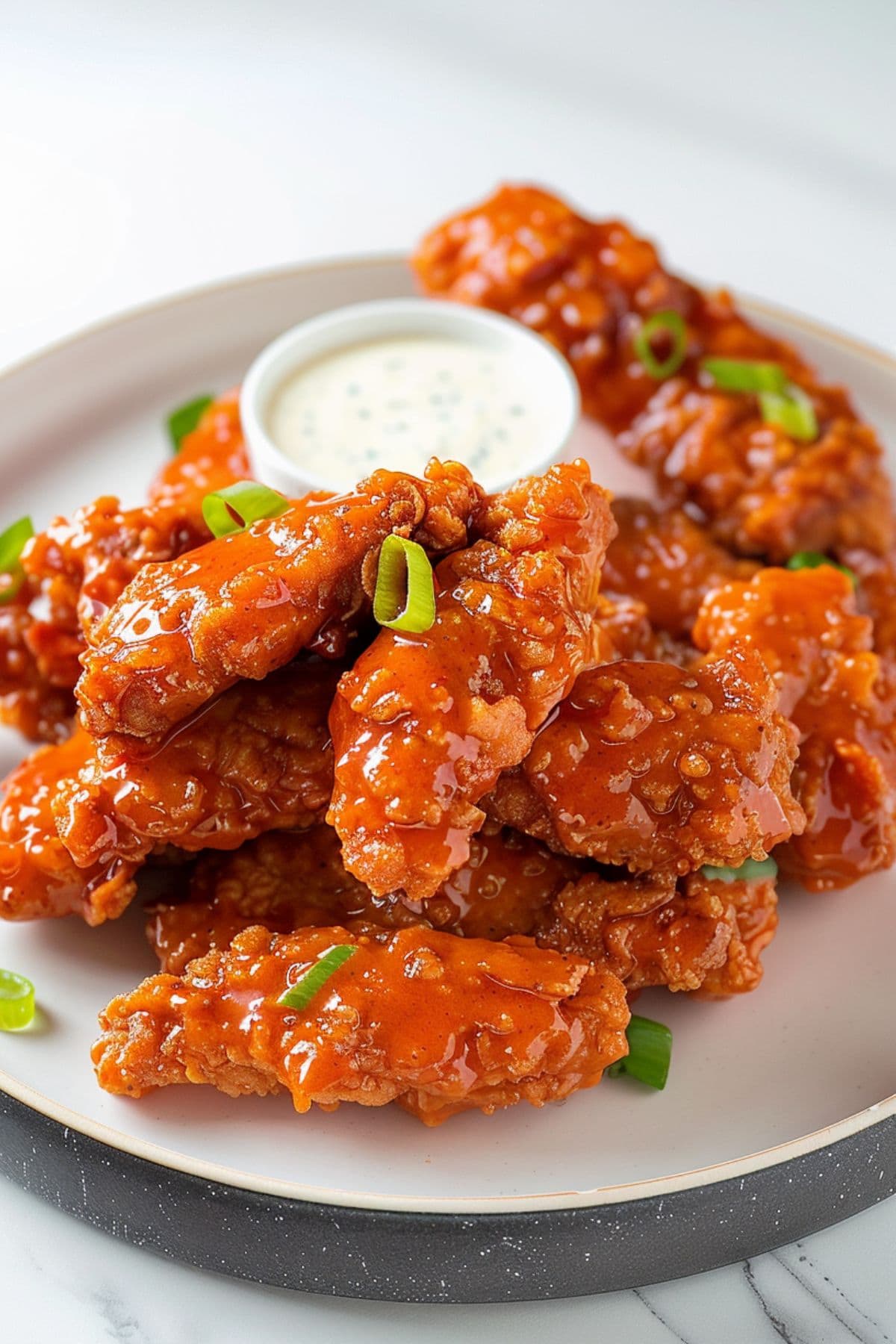 Plate full of buffalo sauce coated chicken tenders served with ranch dip. 