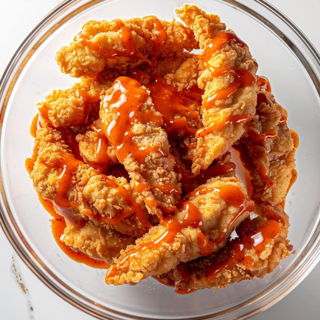 Crispy chicken tenders tossed in buffalo sauce in a glass mixing bowl.