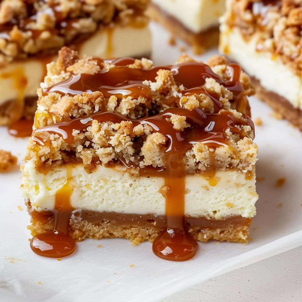 Irresistible caramel apple cheesecake bars, drizzled with caramel sauce and topped with crunchy streusel.