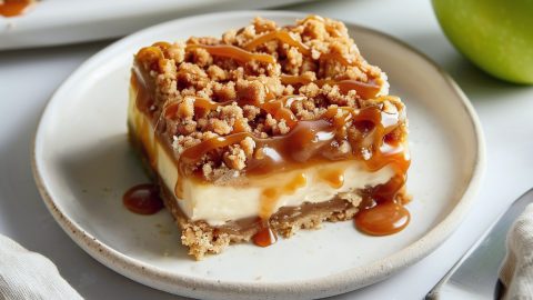 A plate of caramel apple cheesecake bar topped with streusel crumbs and drizzled with caramel sauce.