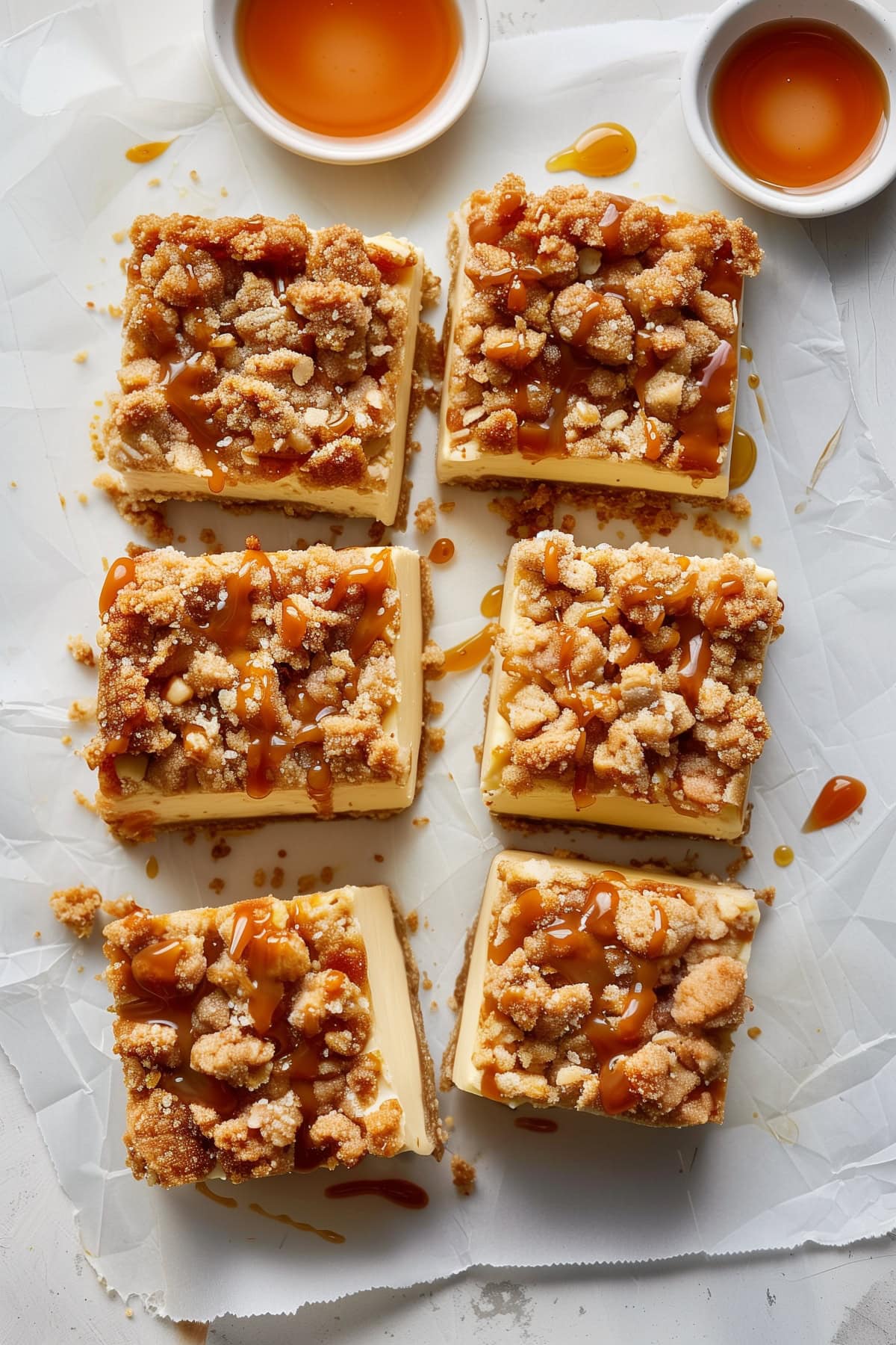 Decadent caramel apple cheesecake bars with a caramel drizzle, top down view.