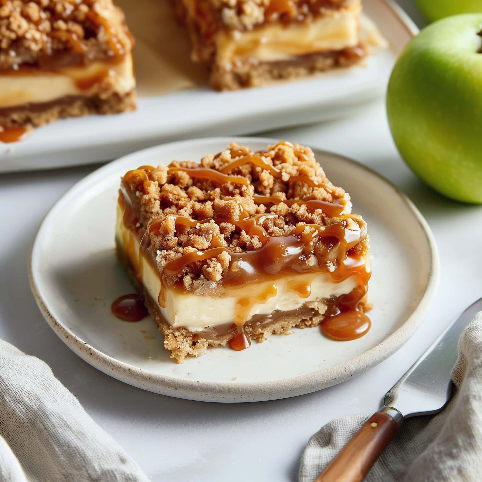 Sweet and satisfying caramel apple cheesecake bar on a plate.