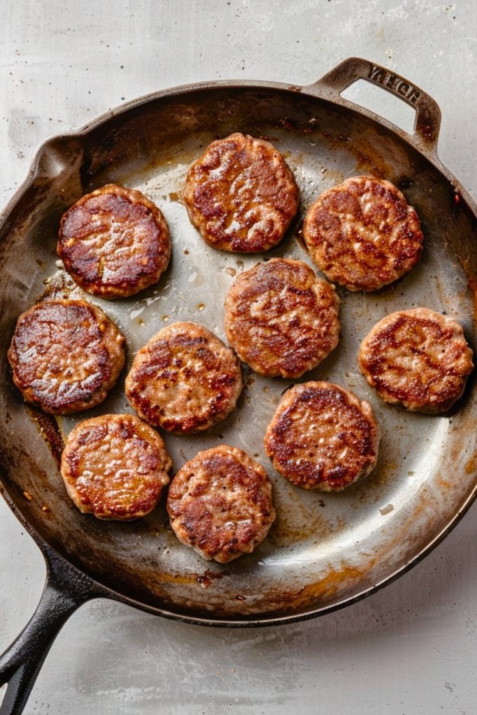 Round beef patties cooked in a pan.