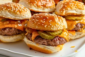 Cheeseburger sliders in a baking pan.