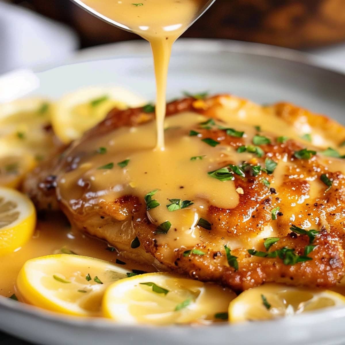 Drizzling lemon butter sauce into a plate of lemon Francese.