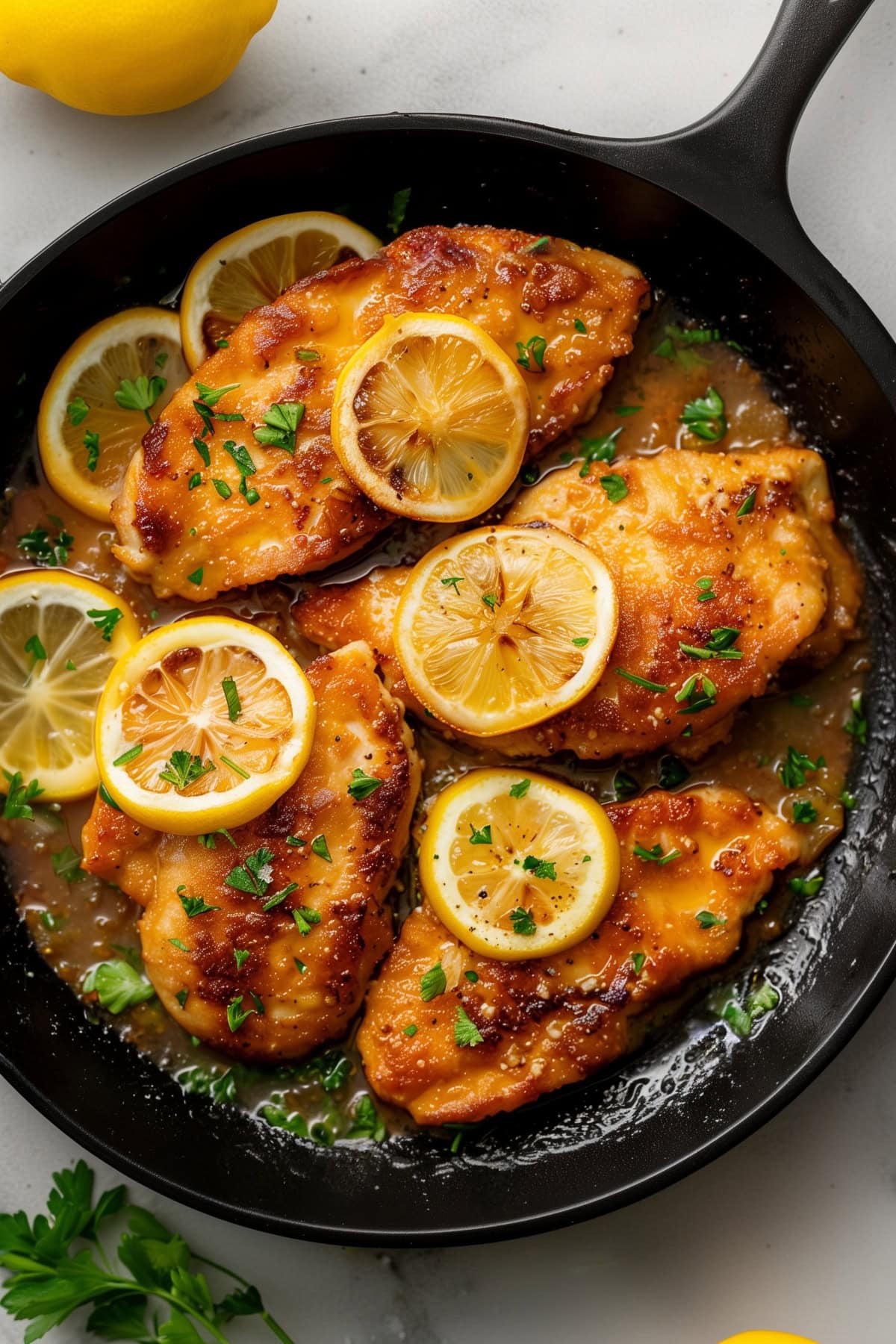 Golden chicken Francese served with a lemon butter sauce and garnished with fresh parsley.