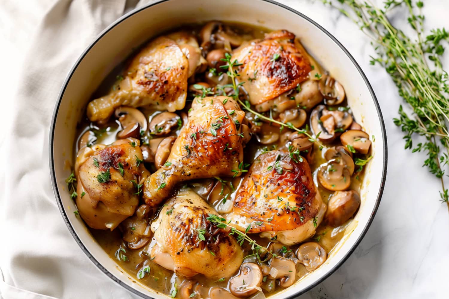 A deep skillet filled with chicken, mushrooms, dried thyme and onions.