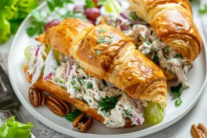 Two servings of croissant sandwich with chicken salad filling served on a white plate.