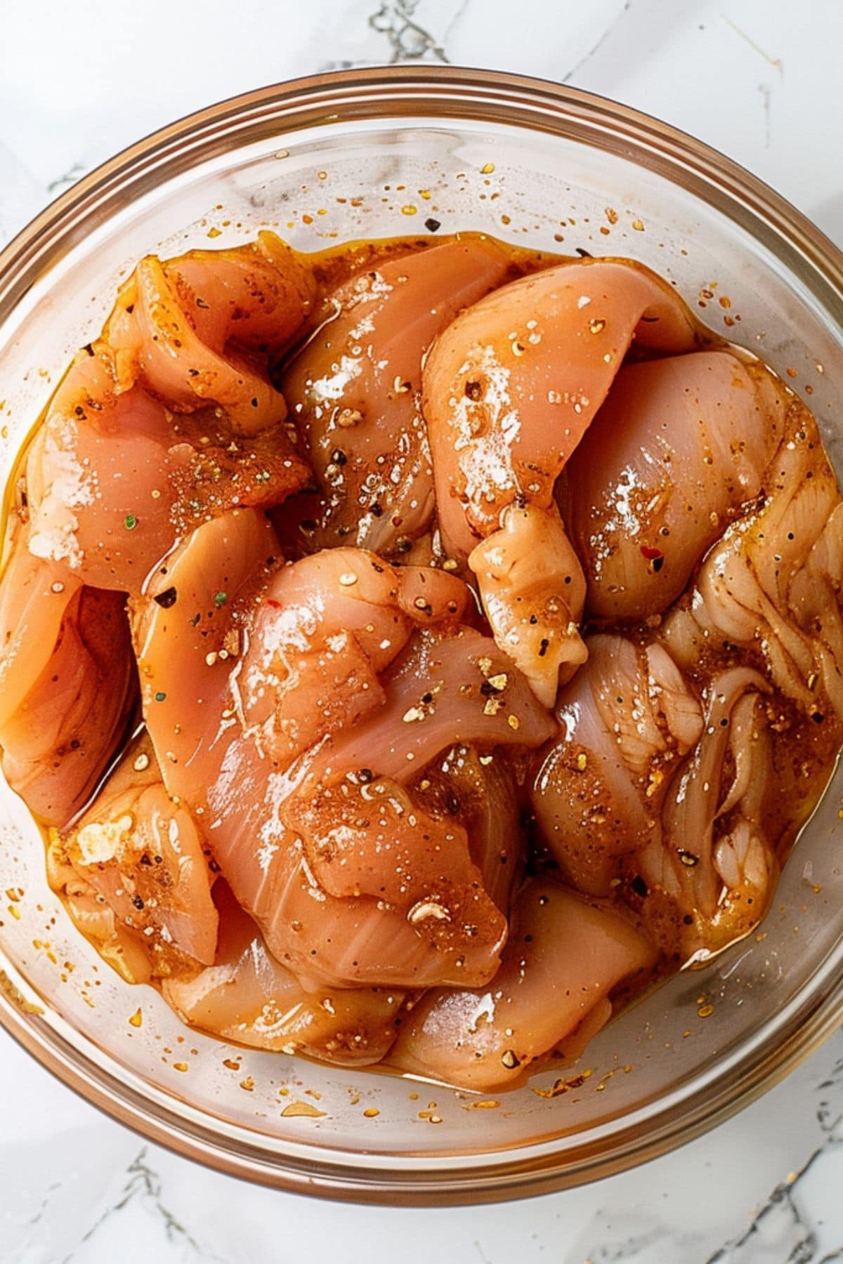 Marinated chicken meat in a glass bowl.