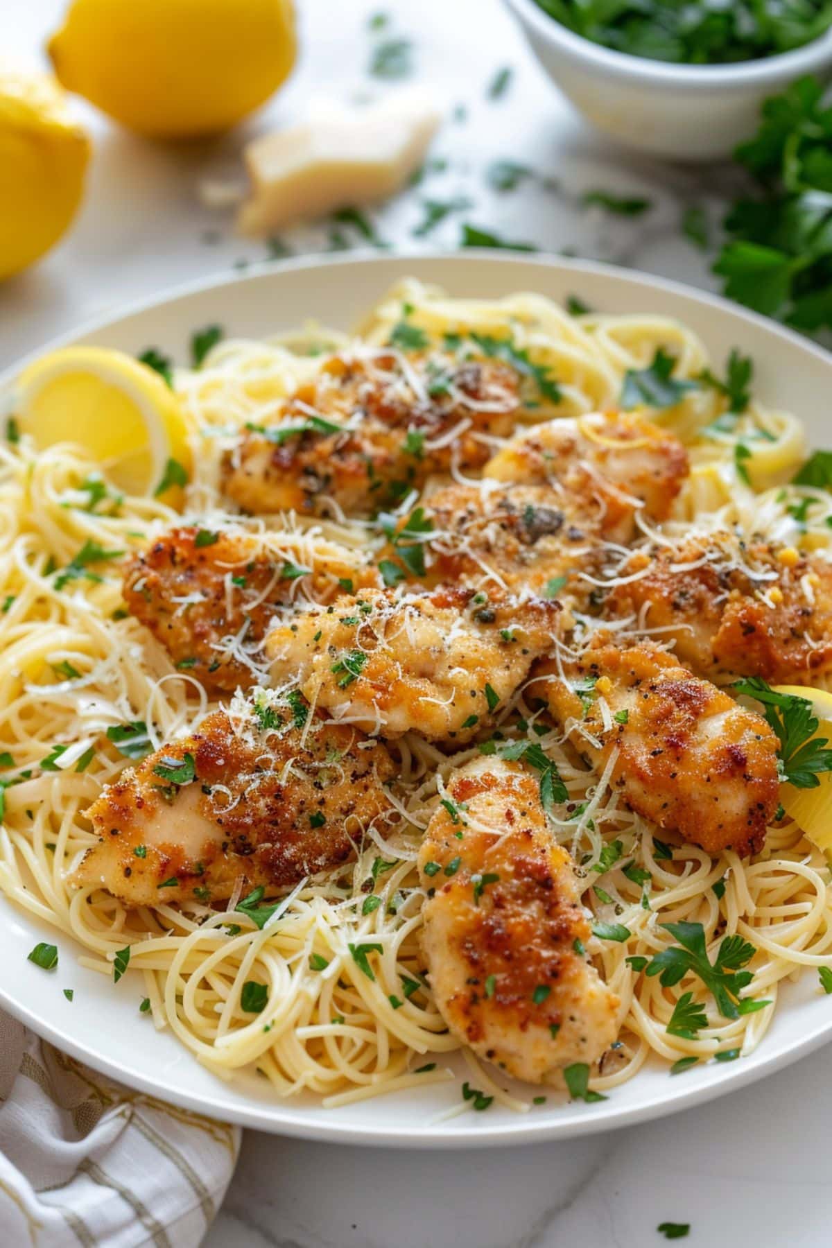 Chicken scampi with angel hair pasta and chicken tenders. 