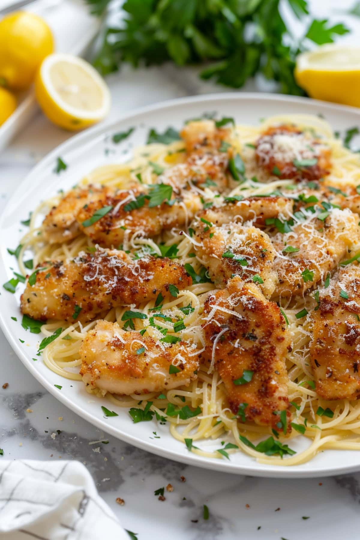 Serving of chicken scampi with angel hair pasta tossed in lemon and butter.