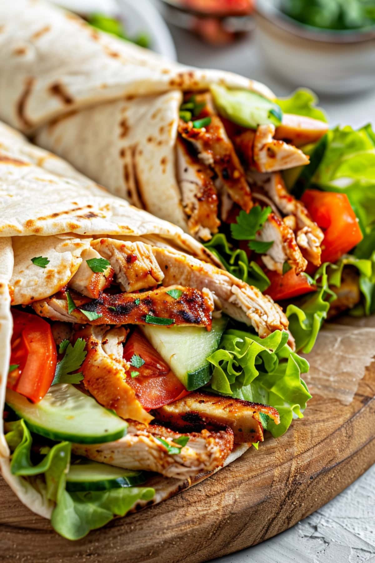 Chicken shawarma arranged in a wooden board.