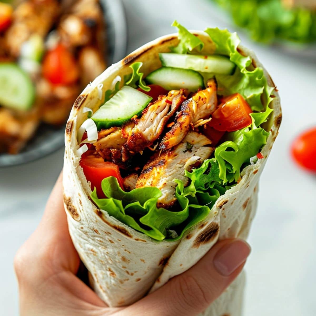 Hand holding chicken shawarma wrap.