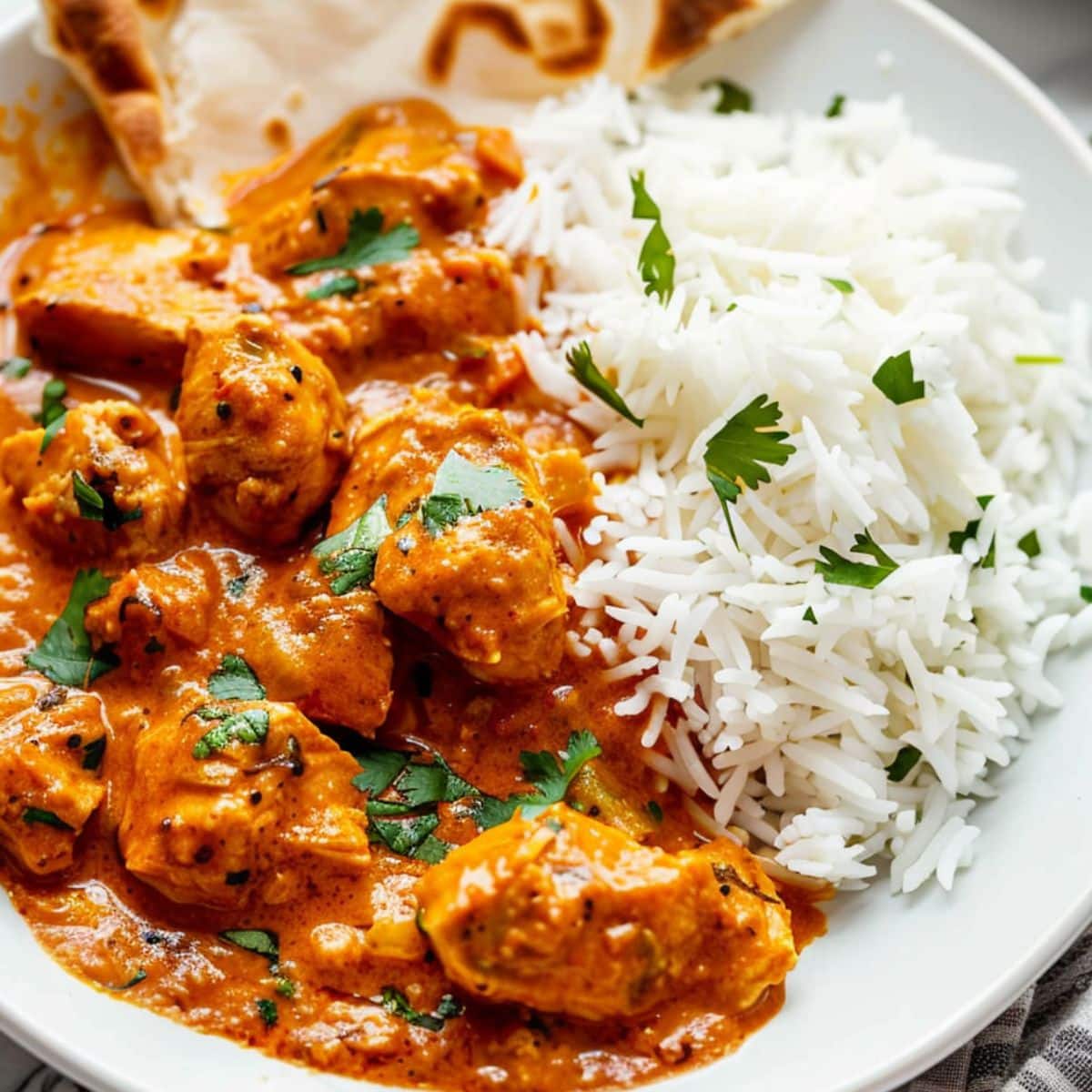 Chicken Tikka masala served with white rice and naan bread on a white plate.