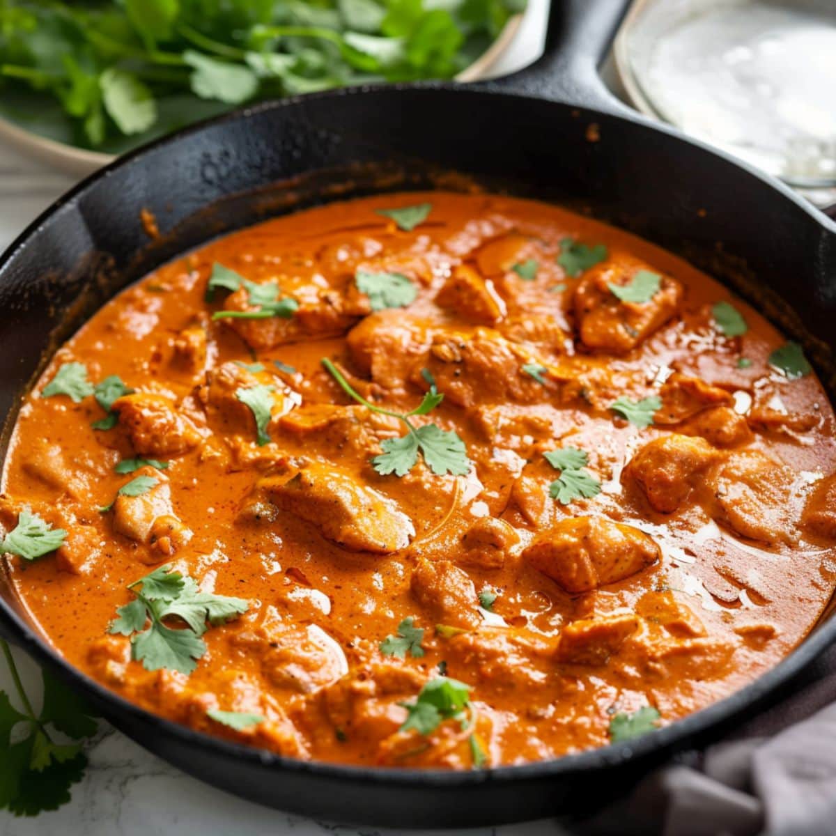 Chicken tikka masala in a cast iron skillet.