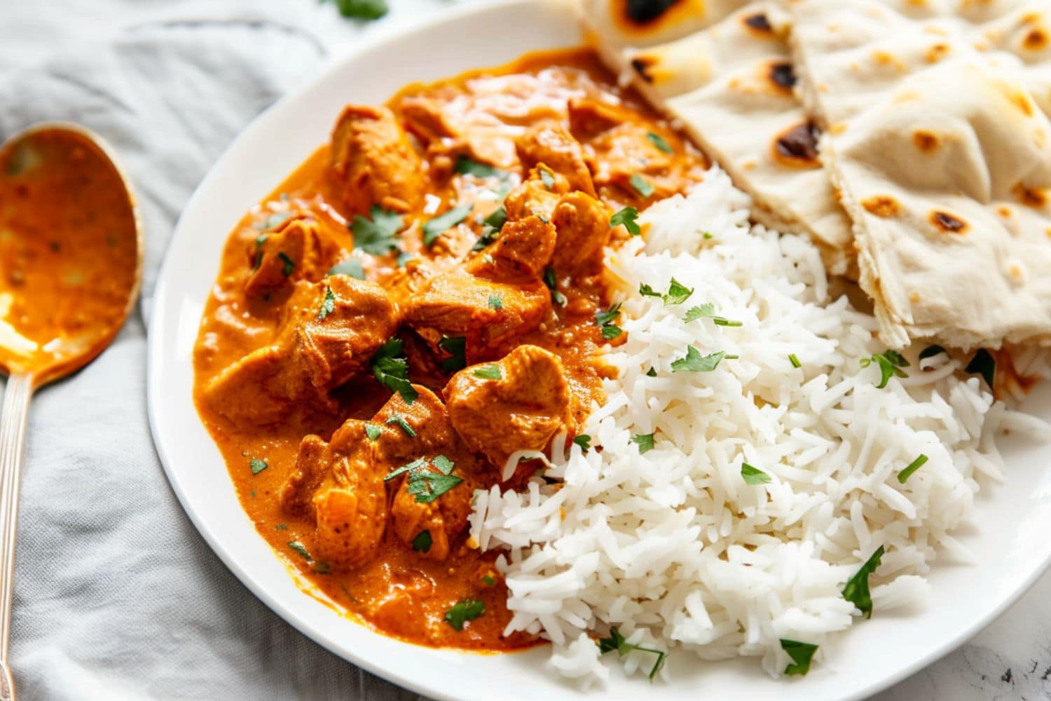 Rice with chicken tikka masala served on a white plate with pita bread.