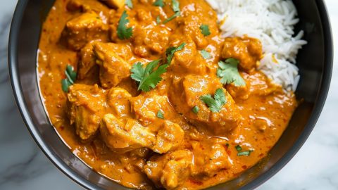 Savory coconut chicken curry served with rice, garnished with cilantro.