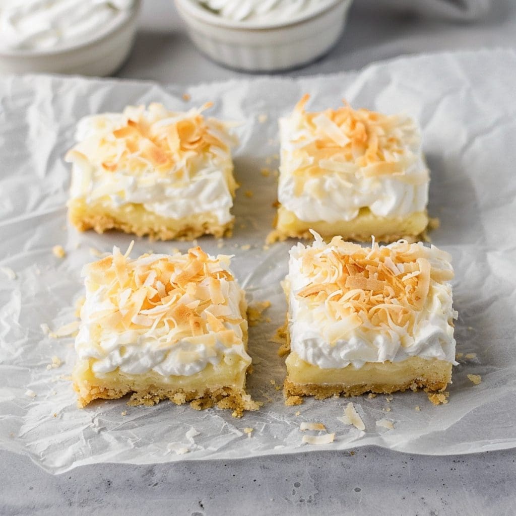 Four coconut cream pie bar slices with whipped cream and toasted coconut on parchment paper.