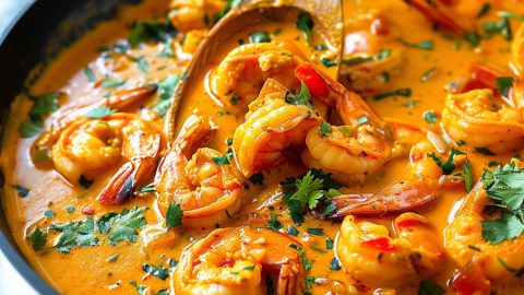 Coconut shrimp curry tossed with a wooden ladle in a large wok pan.