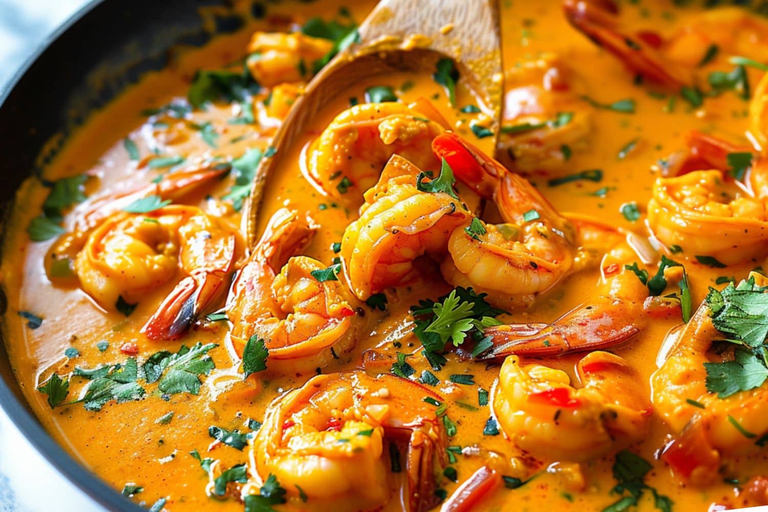Coconut shrimp curry tossed with a wooden ladle in a large wok pan.