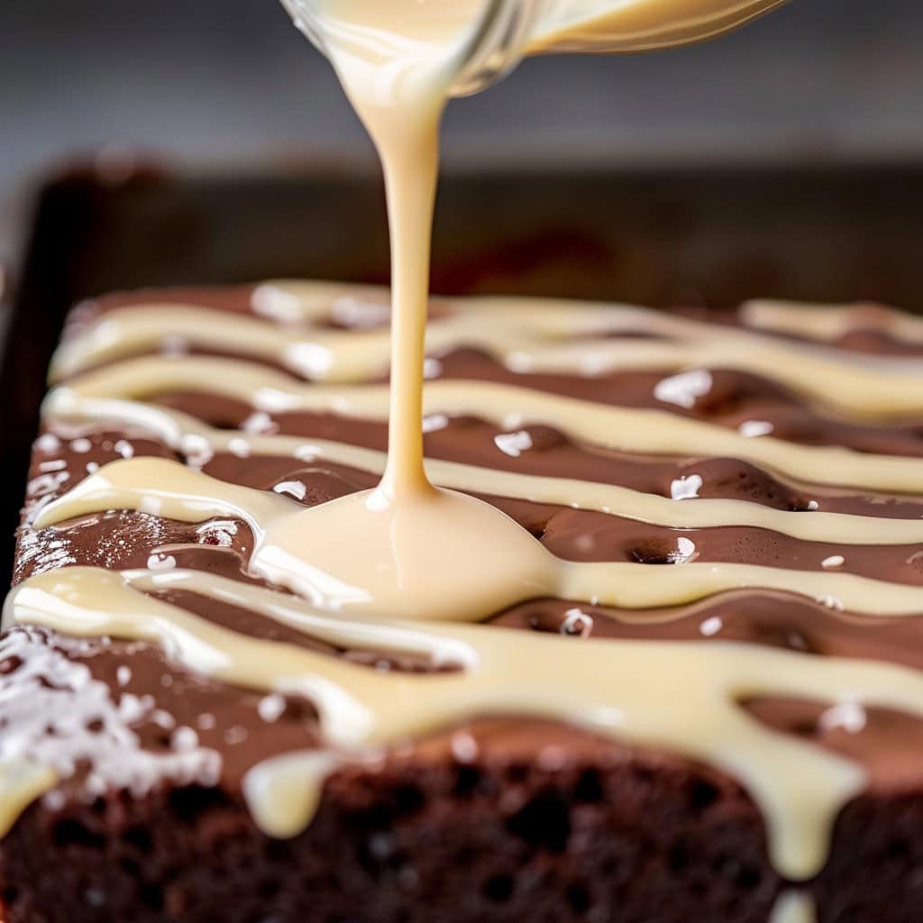 Condensed Milk Poured over Chocolate Cake