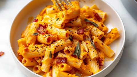 Creamy butternut squash pasta with fork served on a white bowl.